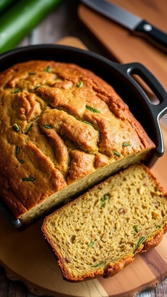A loaf of zucchini bread in a Dutch oven, sliced to show its moist texture, with walnuts visible.